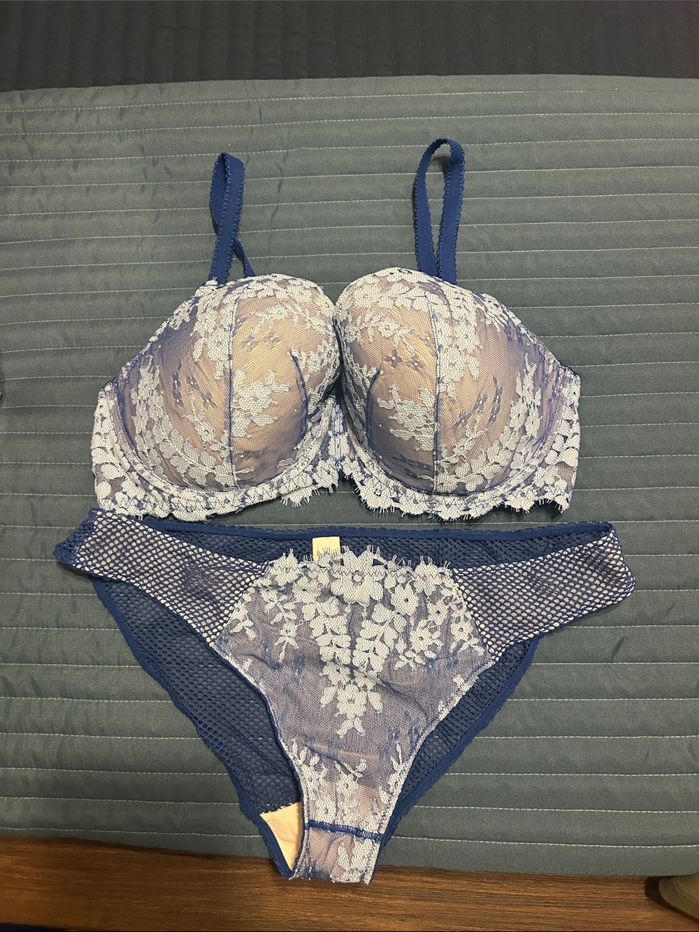 Lace Balconette Bra & Bikini Set - Blue